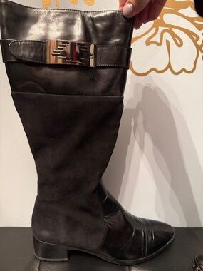 Black Leather & Suede Knee Boot with Gold Accent